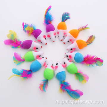Интерактивная игрушка для кошек мышка с разноцветными перьями